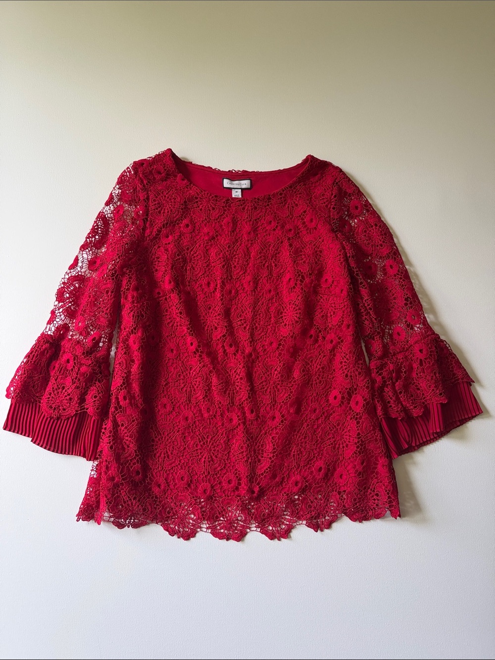 Charter Club Women’s Red Lace Bell-Sleeve Top - M